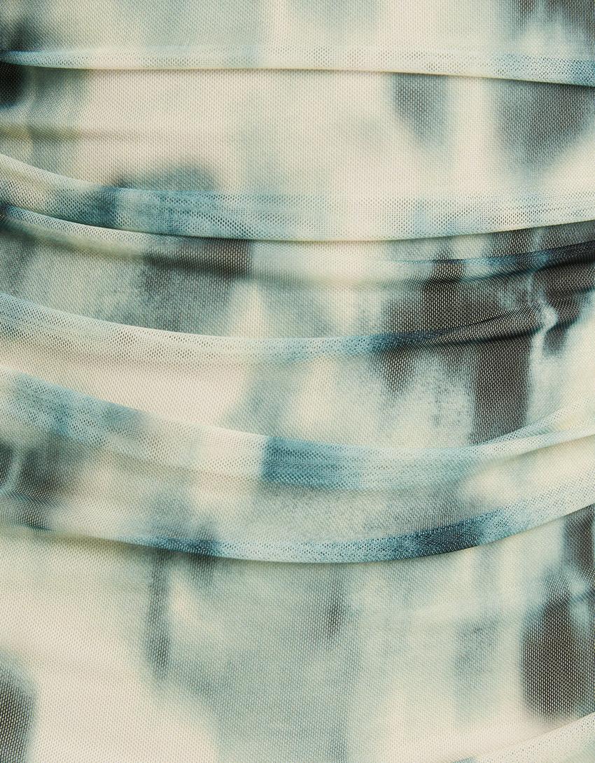 فستان تول متوسط الطول بطبعة وزمة وأكمام قصيرة-أخضر-5