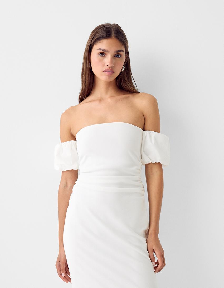 Short sleeve contrast crepe and poplin midi dress-Off white-1