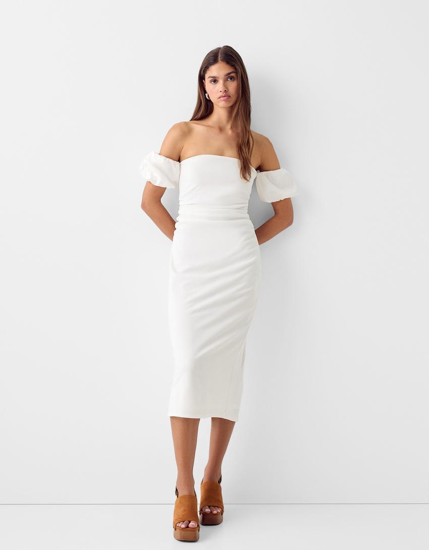 Short sleeve contrast crepe and poplin midi dress-Off white-0