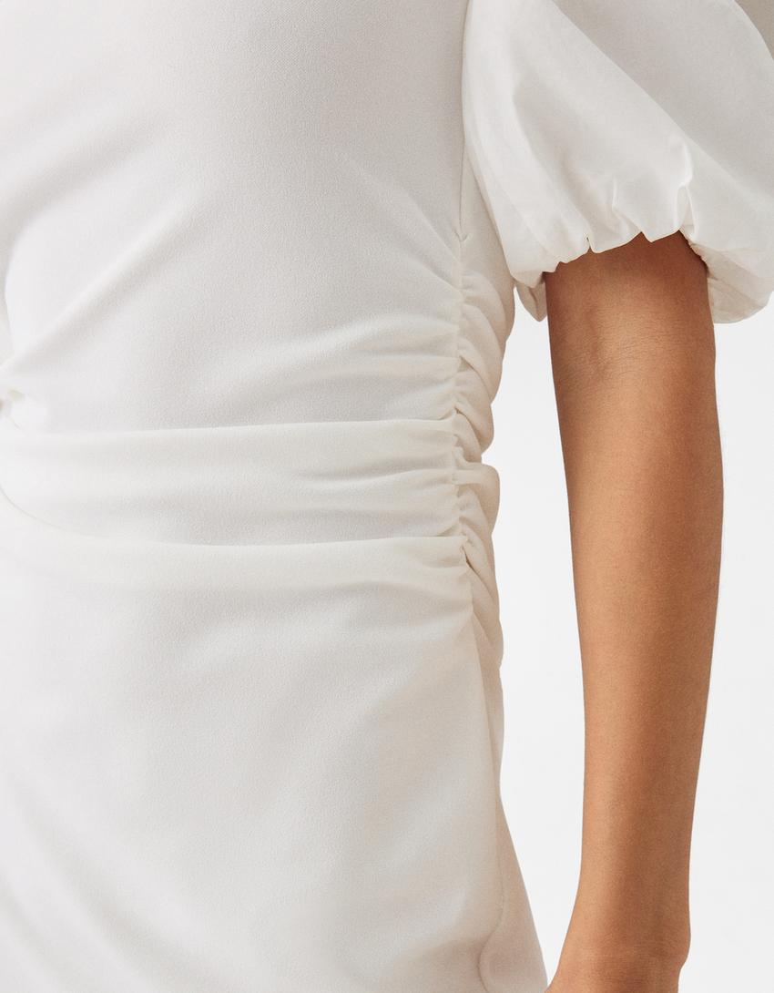 Short sleeve contrast crepe and poplin midi dress-Off white-5