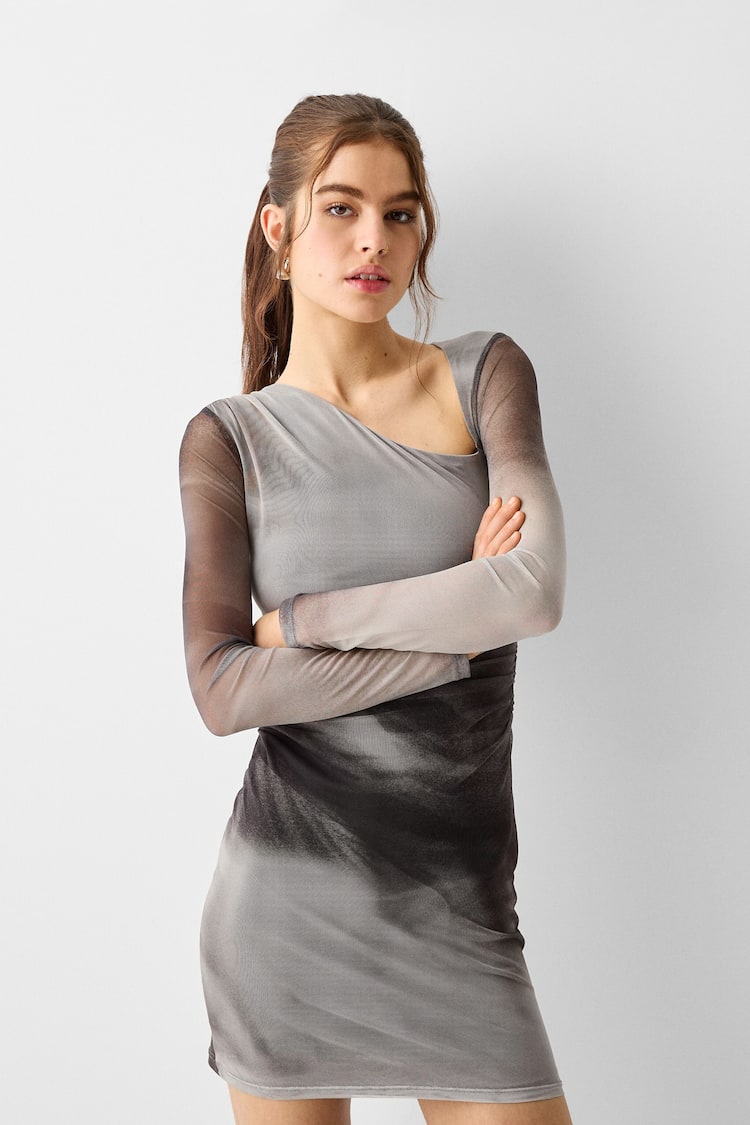 Printed asymmetric long sleeve tulle mini dress
