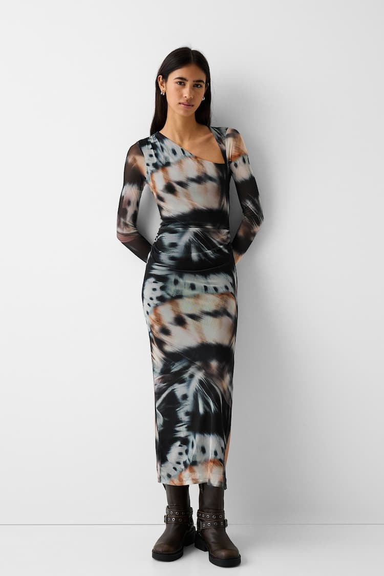 Printed asymmetric long sleeve tulle midi dress