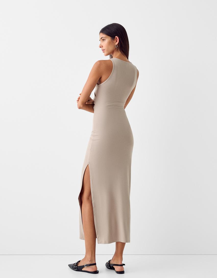Büzgülü kolsuz midi elbise-Deve tüyü rengi-2