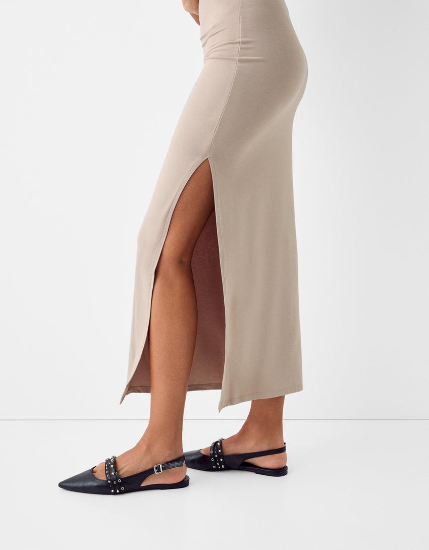 Büzgülü kolsuz midi elbise-Deve tüyü rengi-3