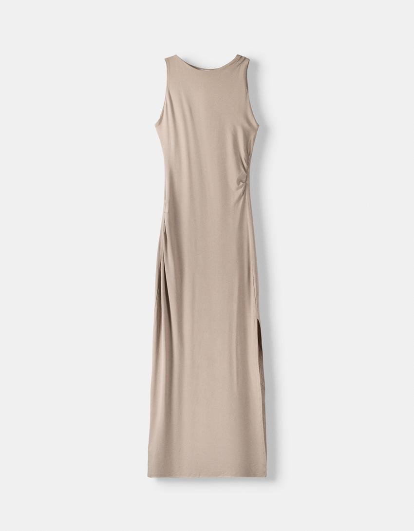 Büzgülü kolsuz midi elbise-Deve tüyü rengi-4