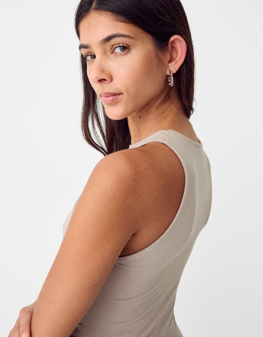 Büzgülü kolsuz midi elbise-Deve tüyü rengi-5