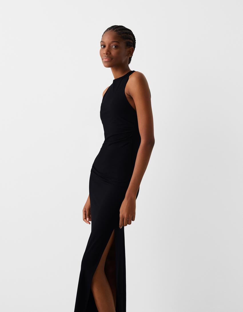 Büzgülü kolsuz midi elbise-Siyah-1