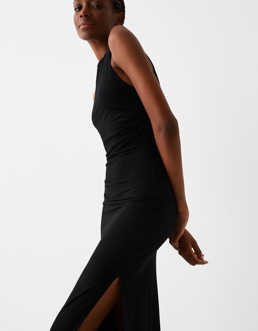 Büzgülü kolsuz midi elbise-Siyah-3