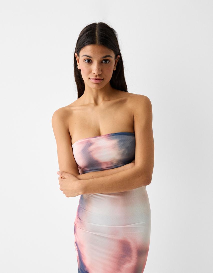 Tulle off-the-shoulder midi dress with print-Blue-1