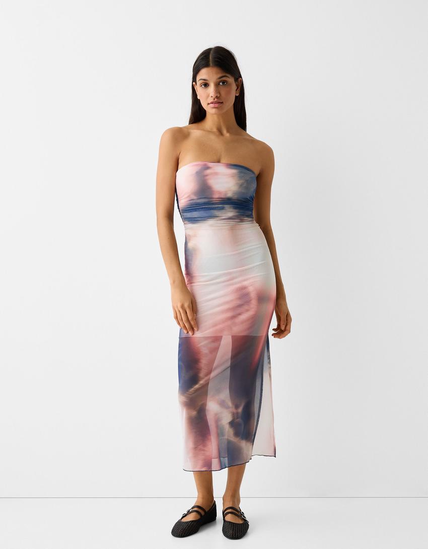 Tulle off-the-shoulder midi dress with print-Blue-0