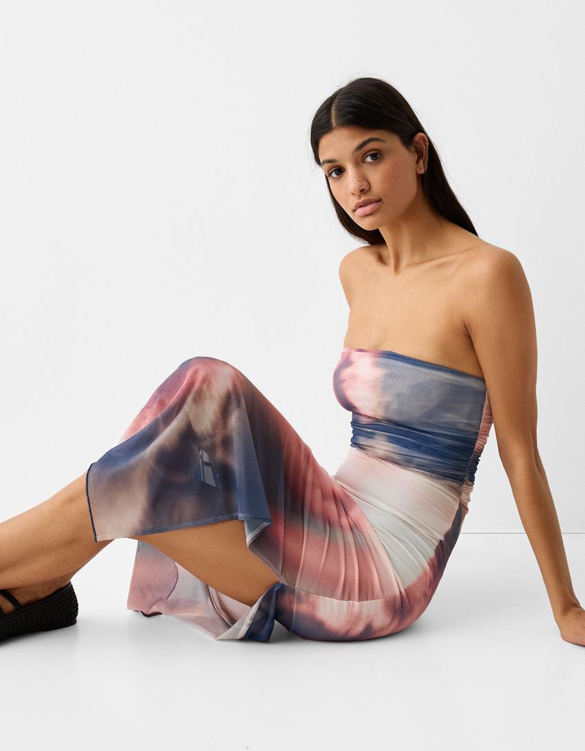 Tulle off-the-shoulder midi dress with print-Blue-3