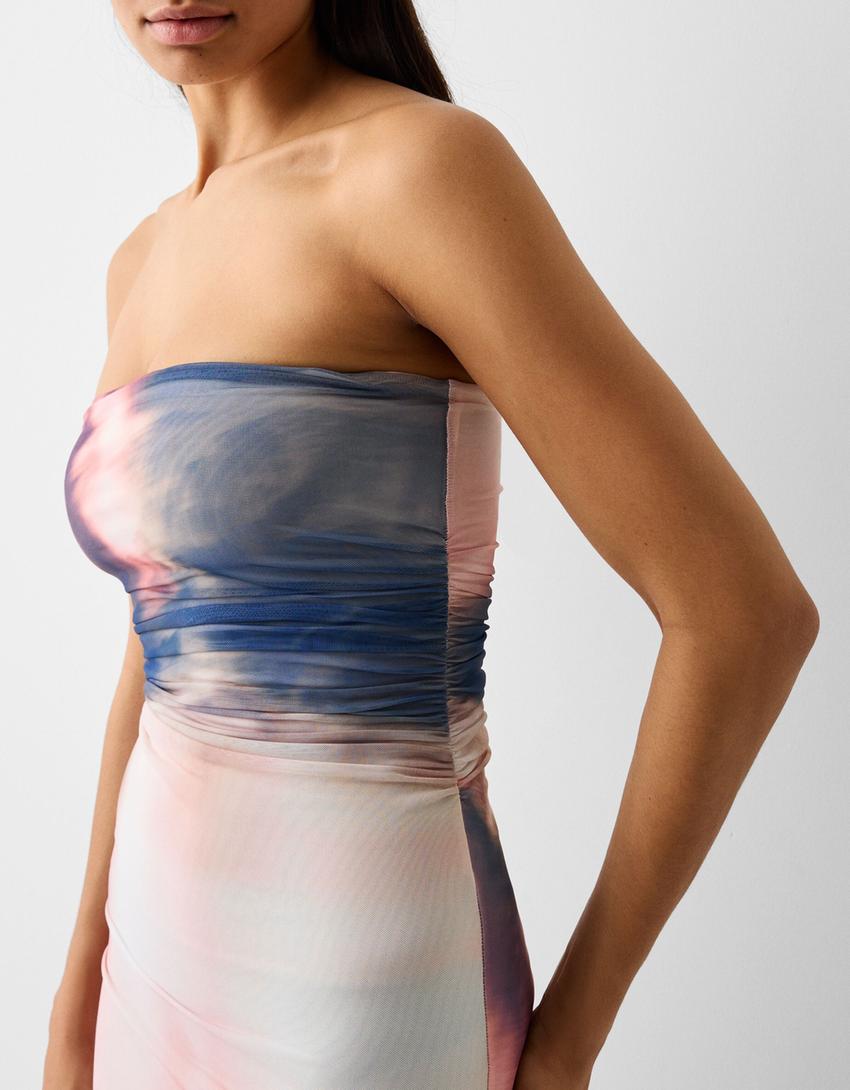 Tulle off-the-shoulder midi dress with print-Blue-5