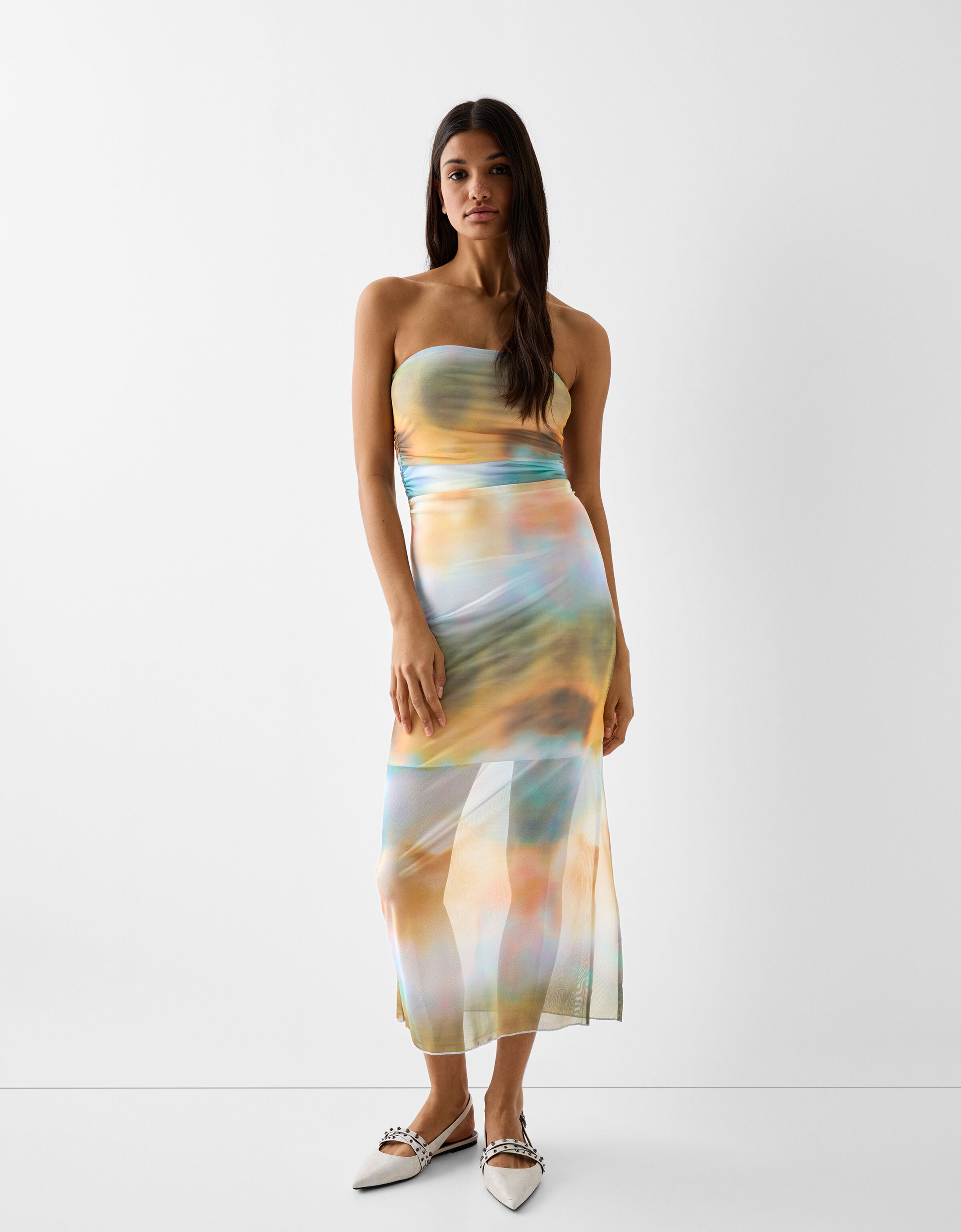 Tulle off-the-shoulder midi dress with print - Long - BSK Teen | Bershka