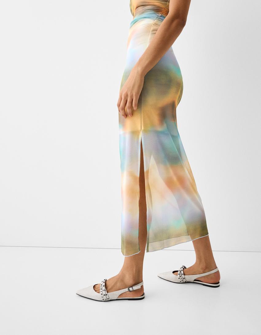 Tulle off-the-shoulder midi dress with print-Cream-3