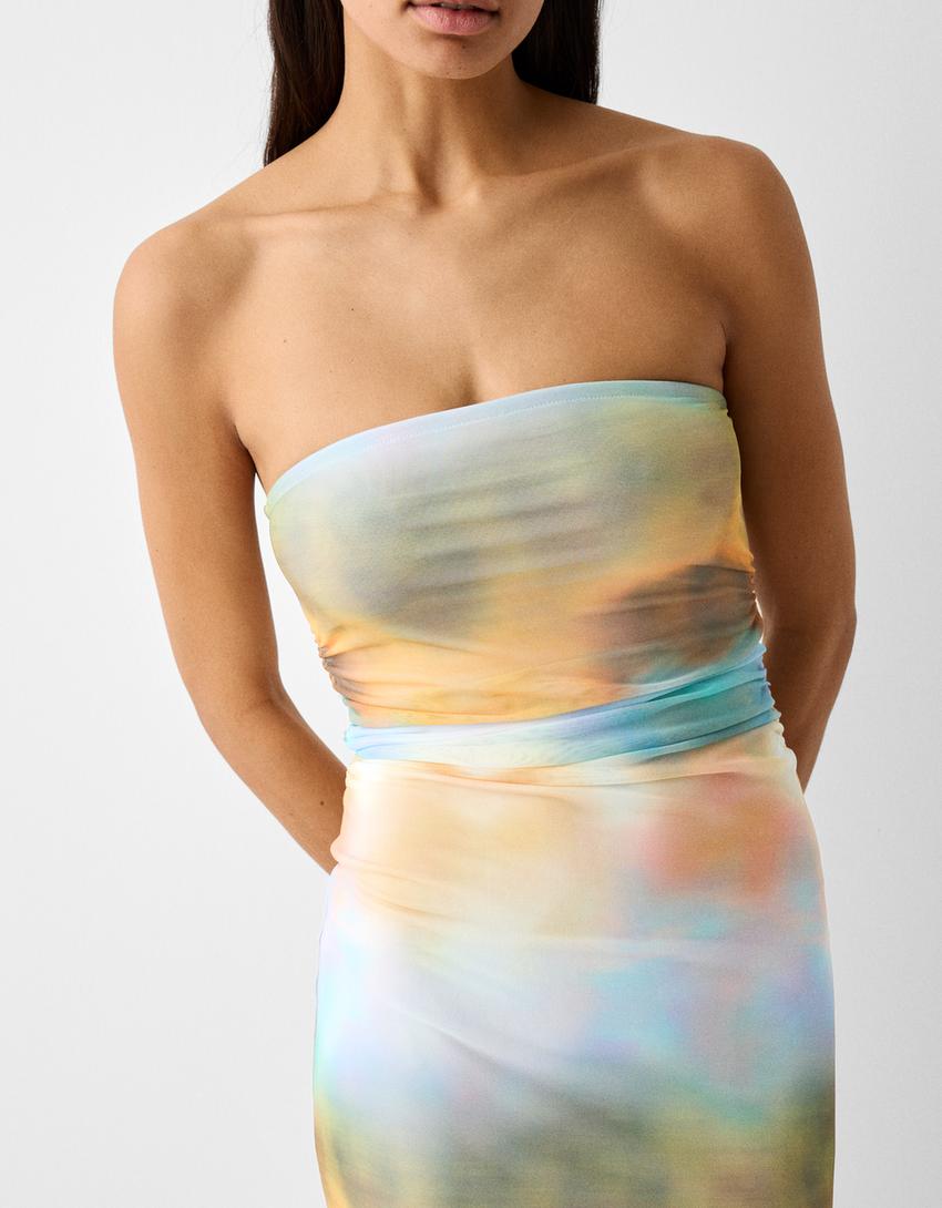 Tulle off-the-shoulder midi dress with print-Cream-5