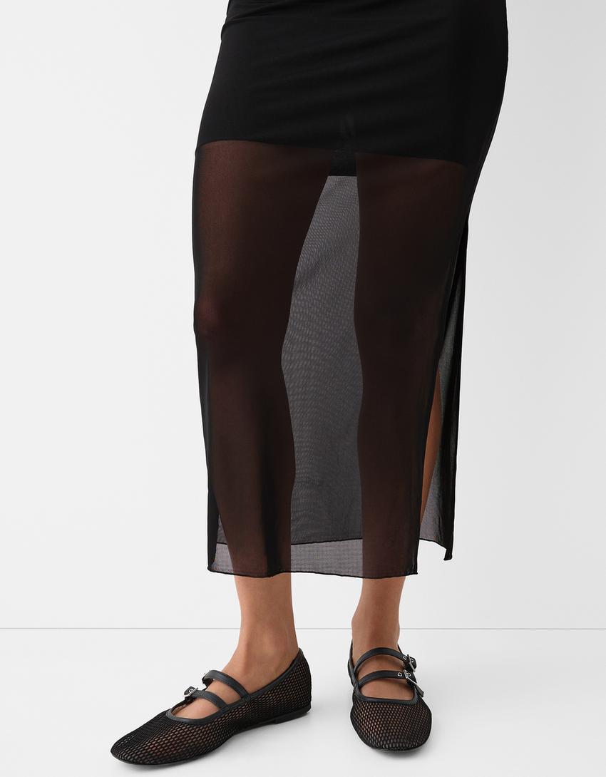 Vestido midi bandeau de tule com estampado-Preto-3