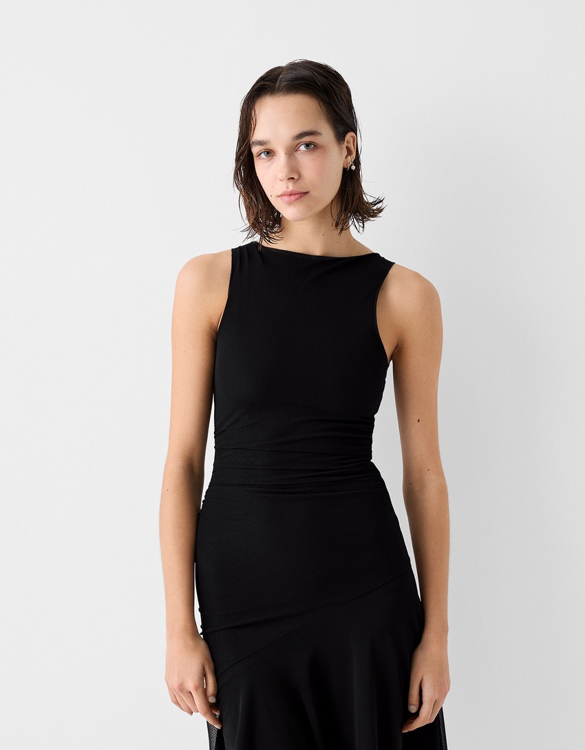 Vestido midi sin mangas tul asimétrico-Negro-1