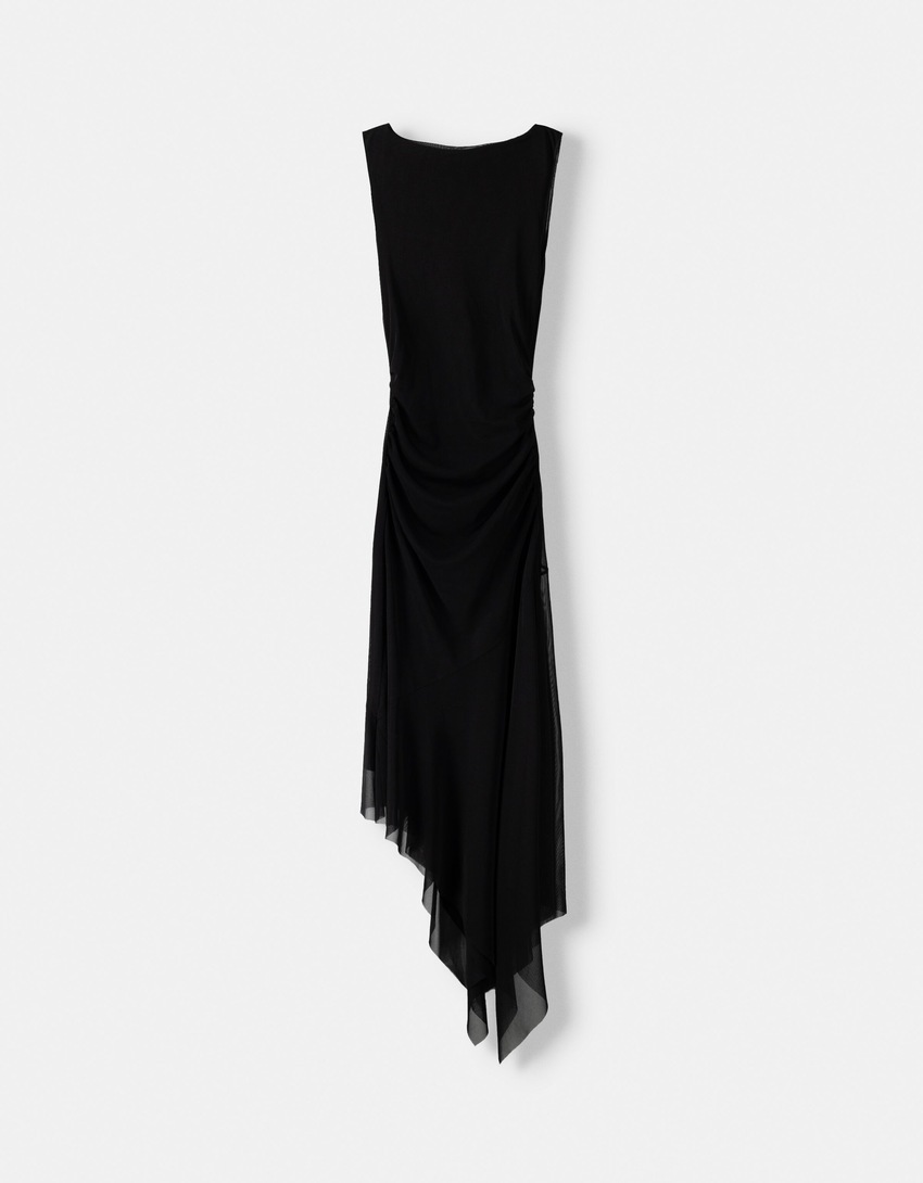 Vestido midi sin mangas tul asimétrico-Negro-4