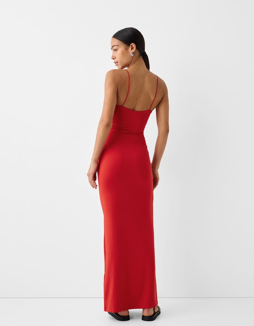 Maxi dress with straps and bow-Red-2