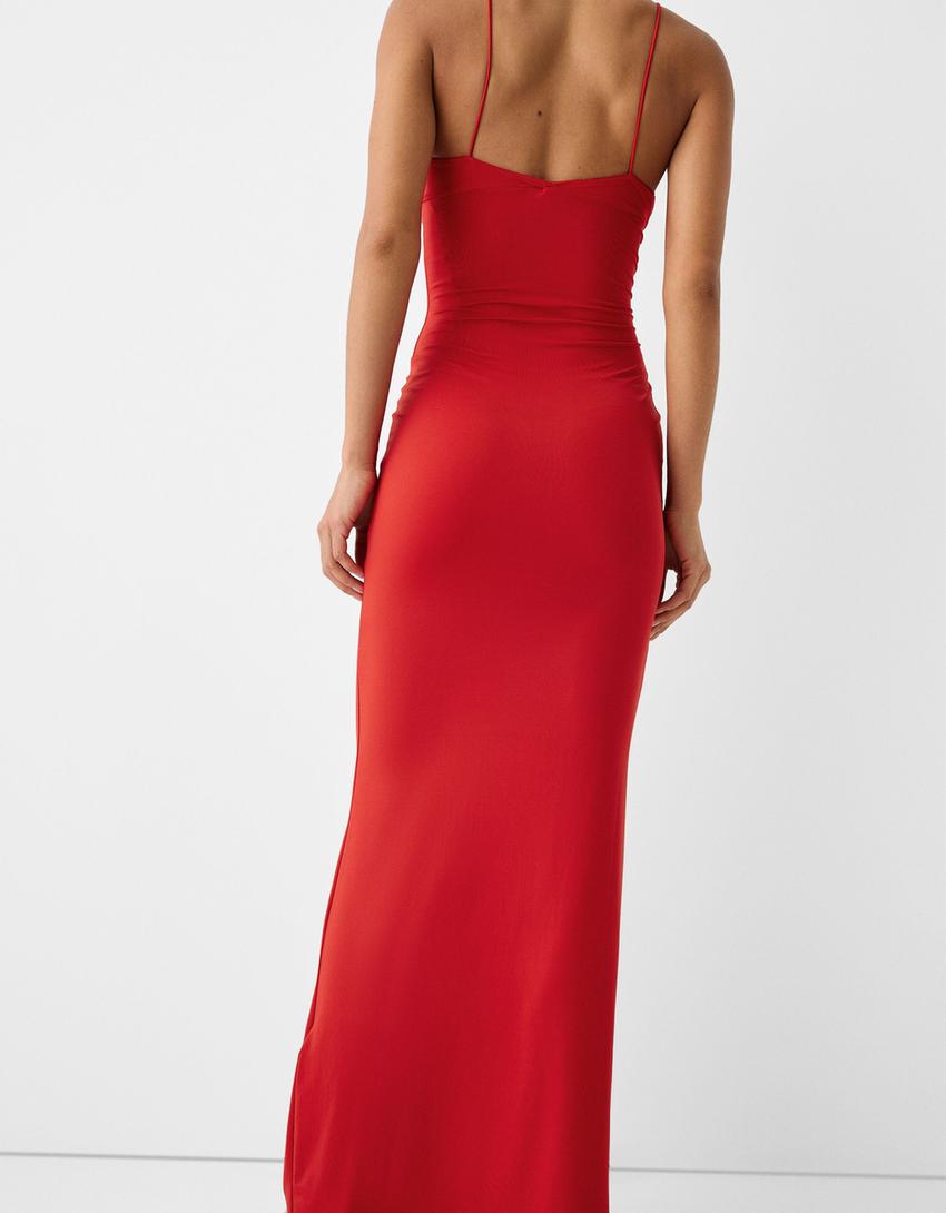 Maxi dress with straps and bow-Red-5