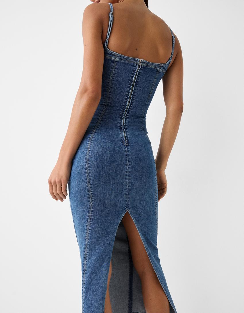 Robe longue denim bretelles-Bleu lavé-3