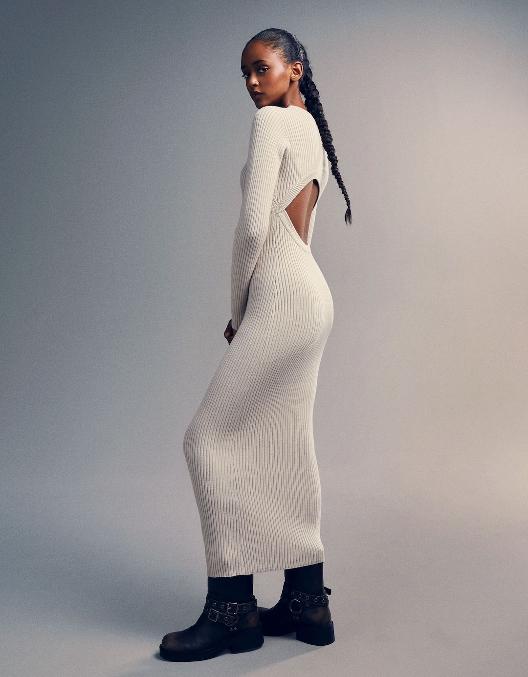 Ribbed long sleeve midi dress with cut-out back