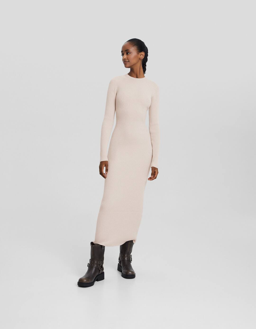 Ribbed long sleeve midi dress with cut-out back