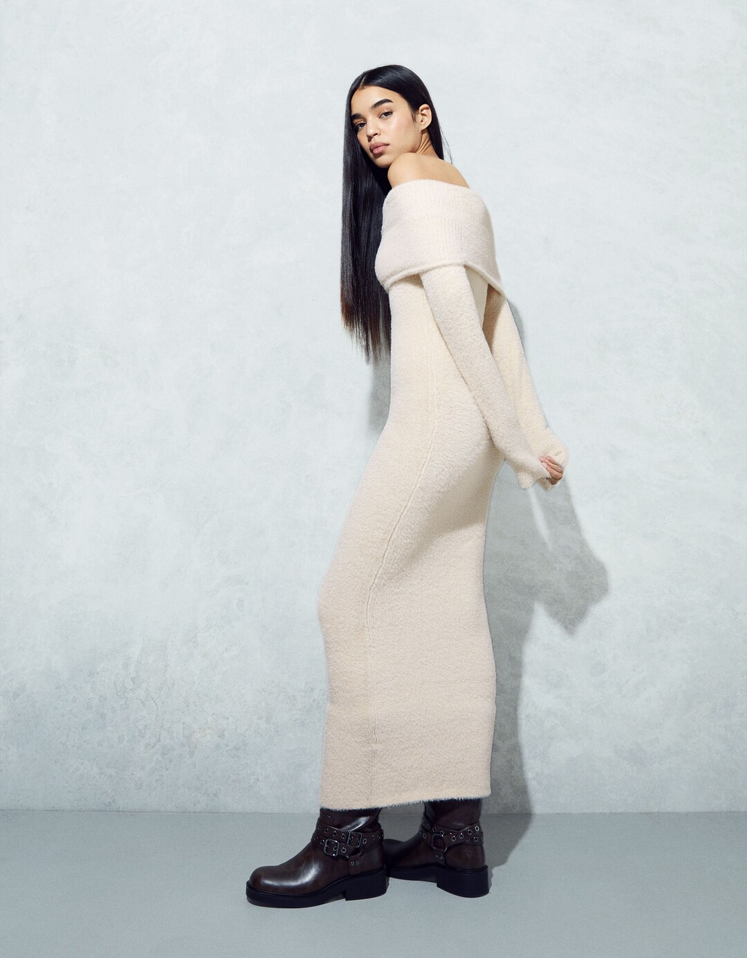Vestito midi a maniche lunghe bardot fuzzy