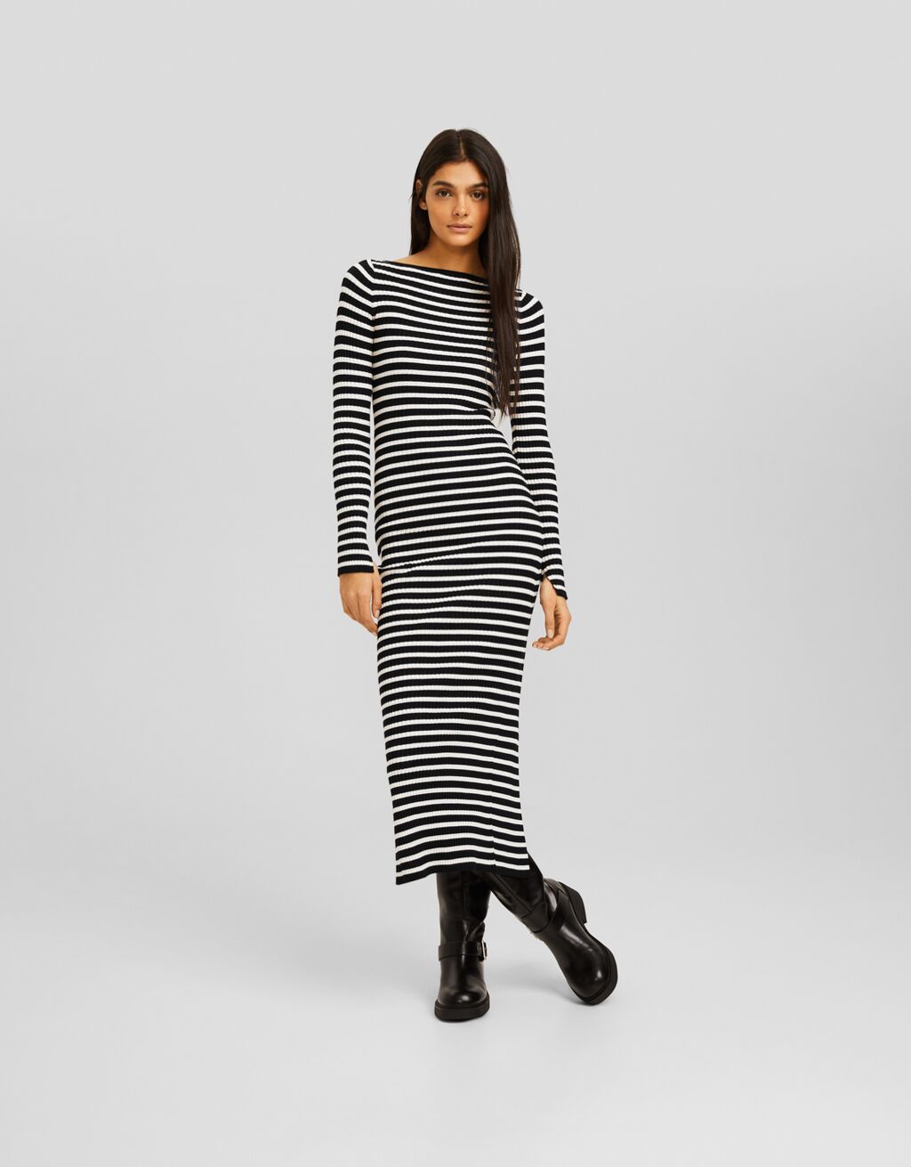 Midi dress with long sleeves and ribbed knit boat neck Long