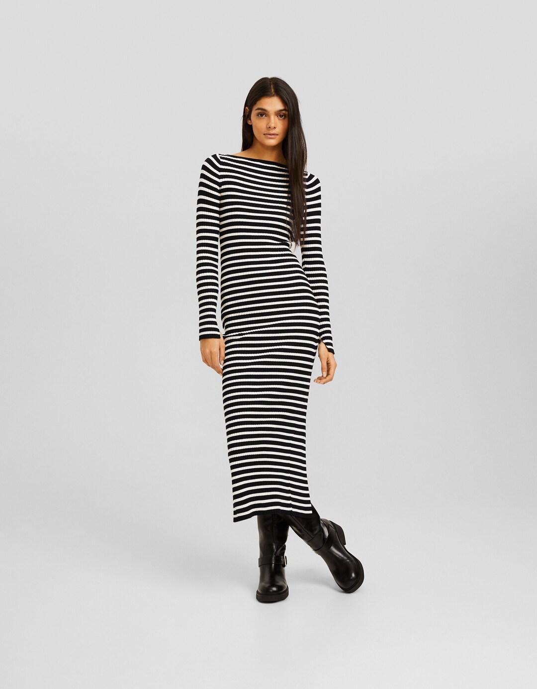 Vestit midi màniga llarga coll barca punt canalé