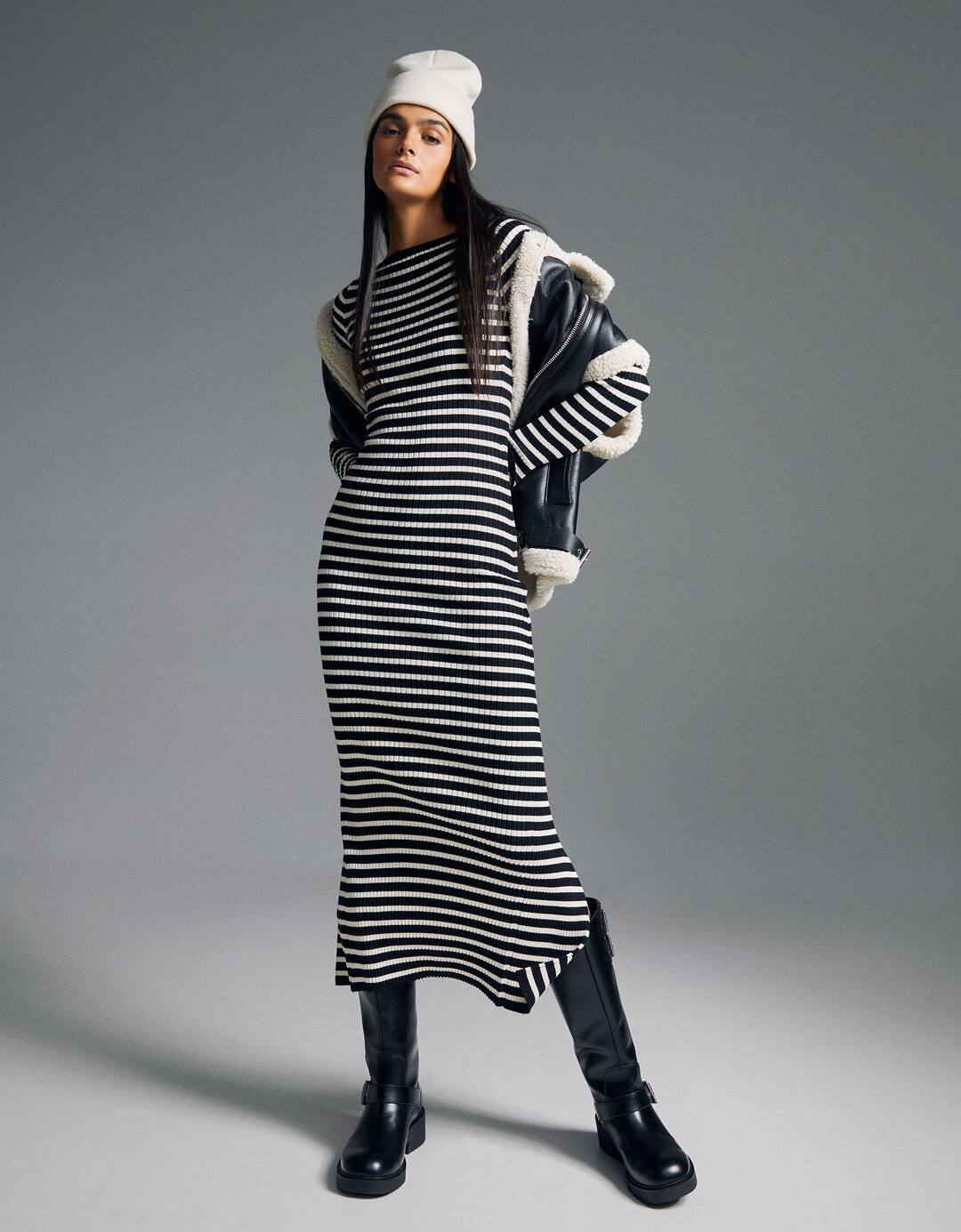Midi dress with long sleeves and ribbed knit boat neck