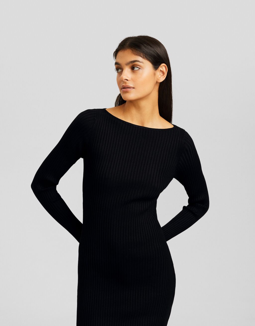 Black ribbed long sleeve midi cheap dress