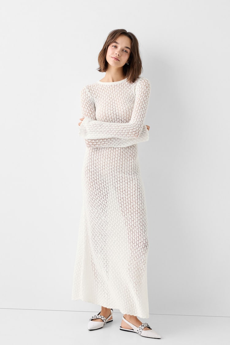 Open-knit long sleeve midi dress