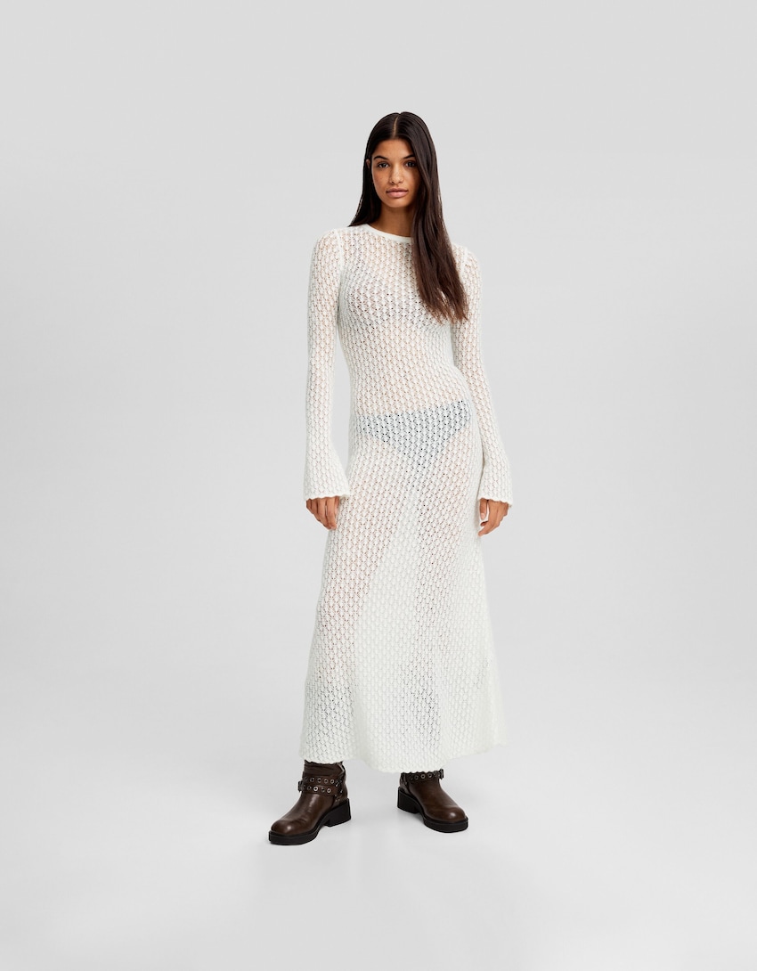 Open-knit long sleeve midi dress