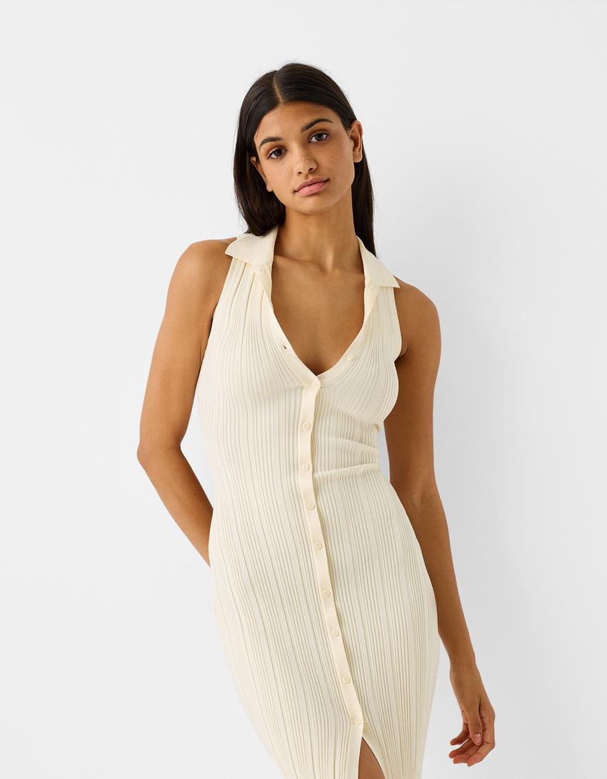 Sleeveless knit midi dress with a polo collar and cut-out detail-Cream-1