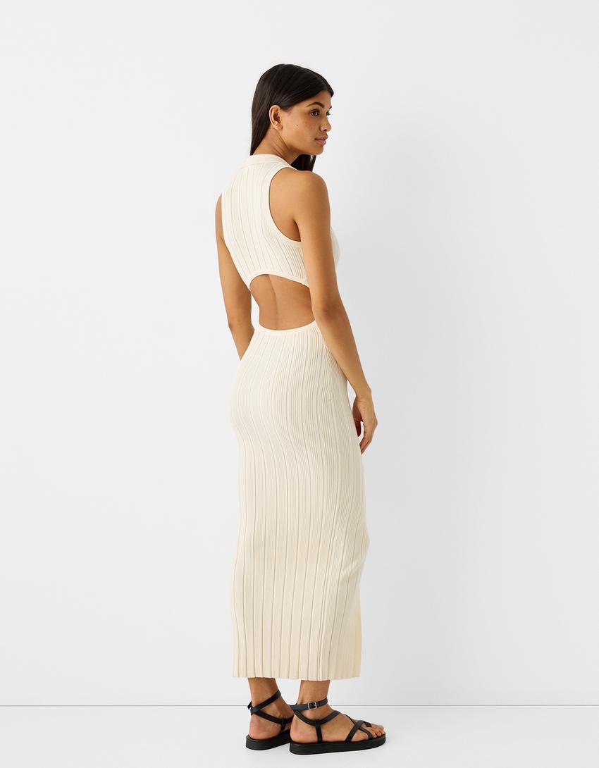 Sleeveless knit midi dress with a polo collar and cut-out detail-Cream-2