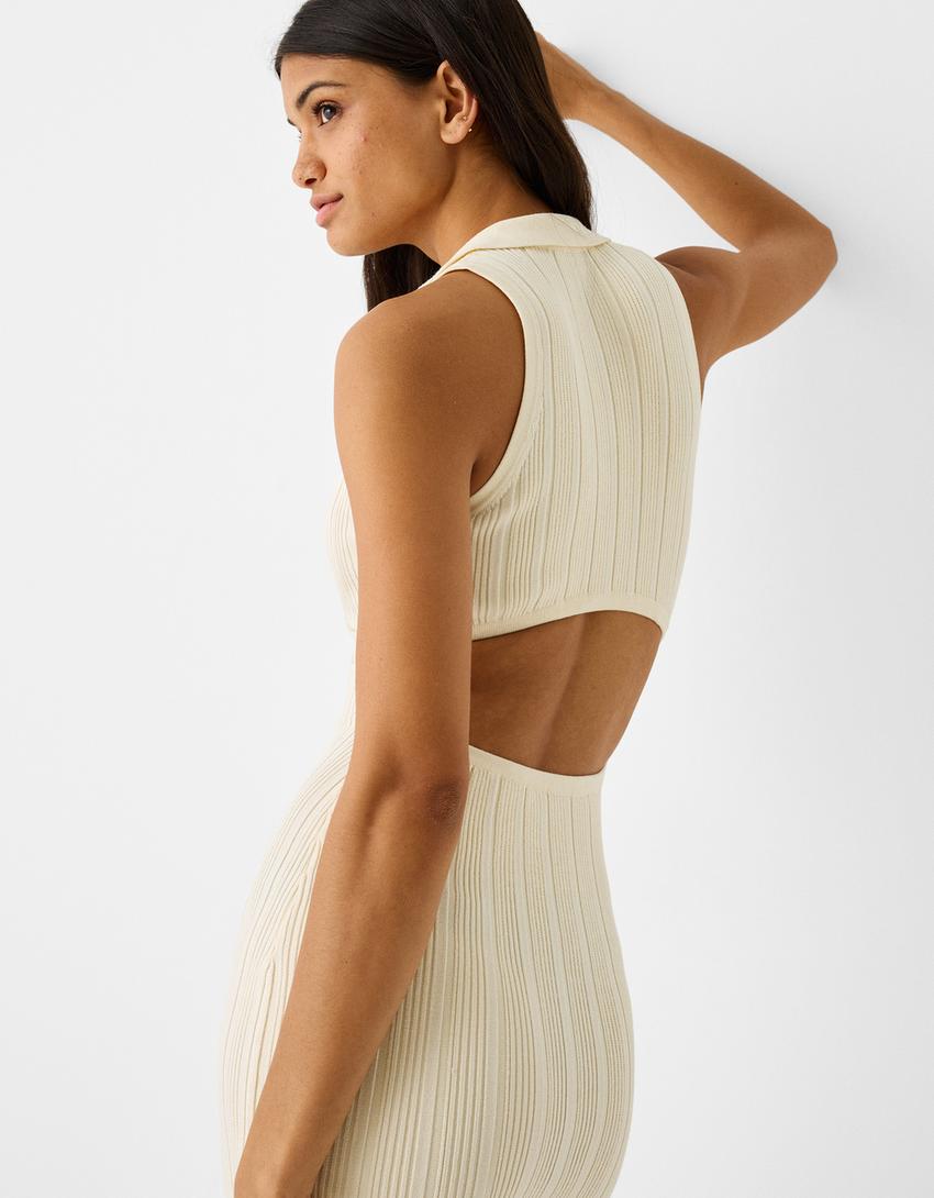 Sleeveless knit midi dress with a polo collar and cut-out detail-Cream-5