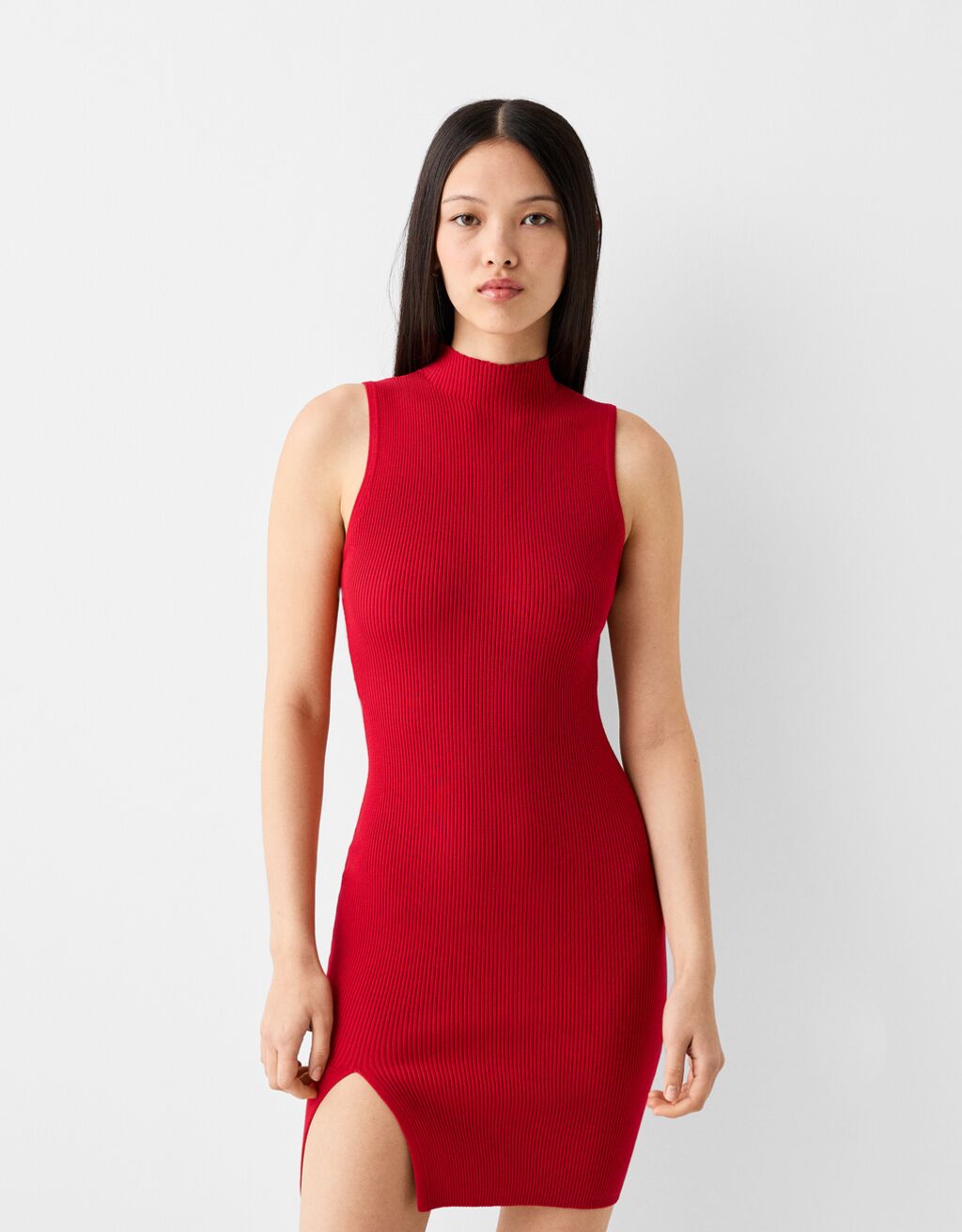 Kolsuz örgü dik yaka mini elbise-Kırmızı-1