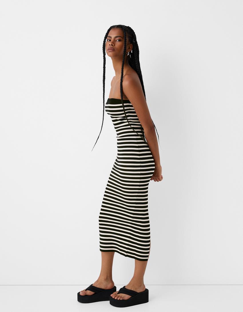 فستان متوسط الطول بدون حمالات-أسود-3