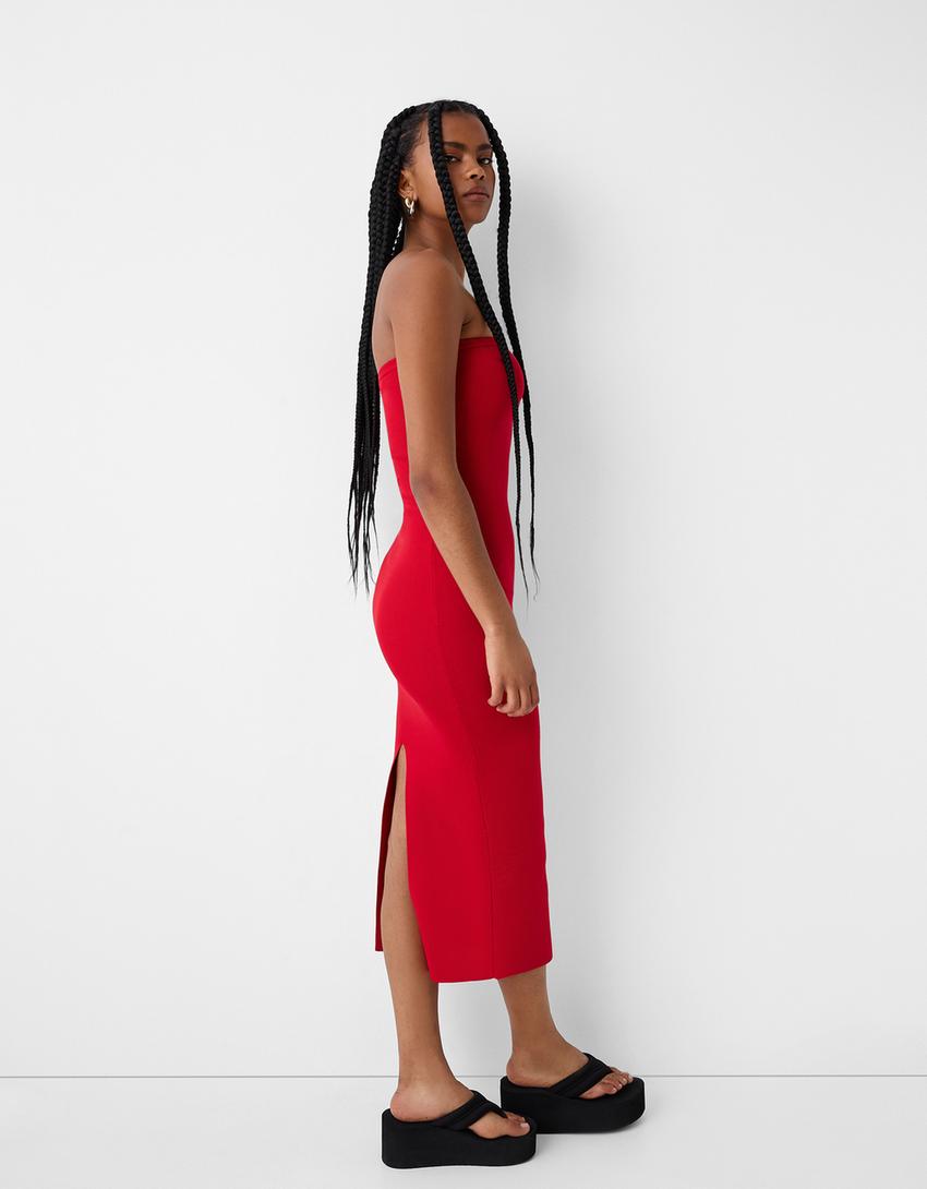 فستان متوسط الطول بدون حمالات-أحمر-3