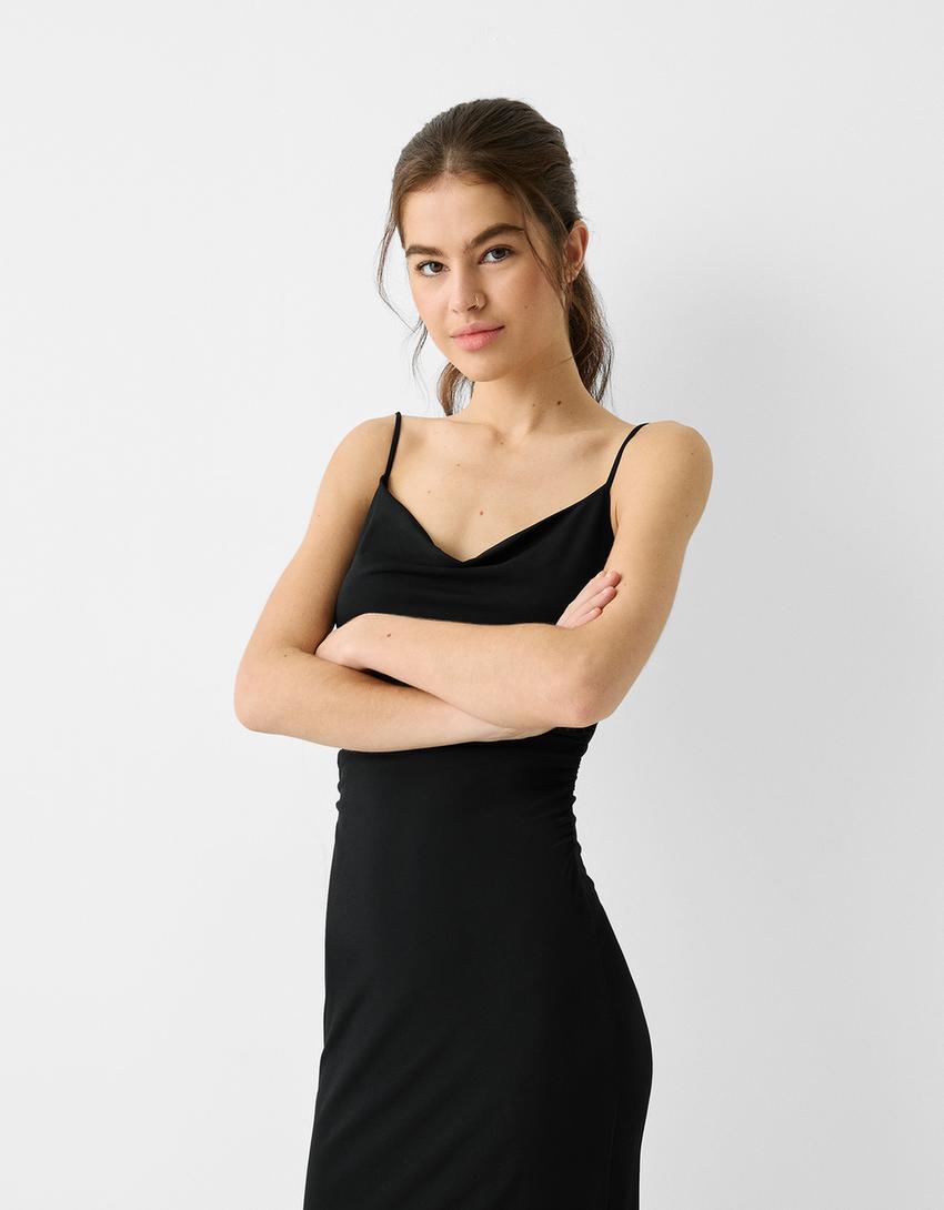 Drape detaylı askılı uzun elbise-Siyah-1