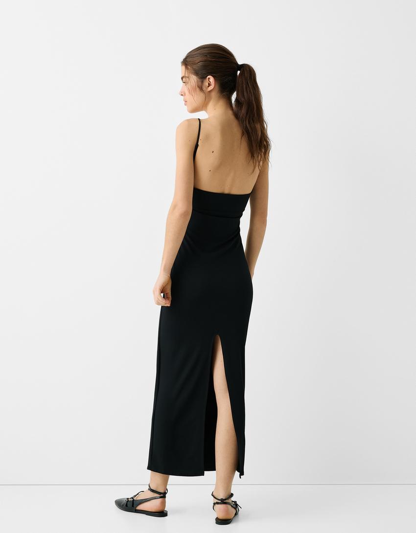 Drape detaylı askılı uzun elbise-Siyah-2