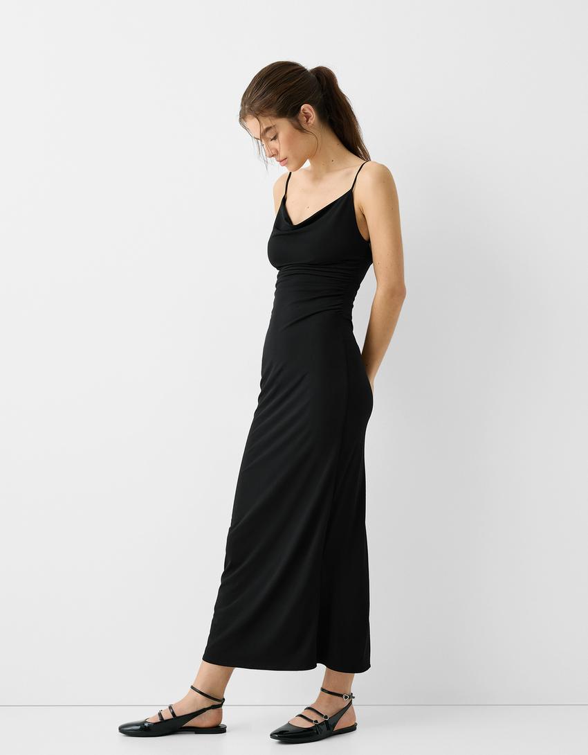 Drape detaylı askılı uzun elbise-Siyah-0