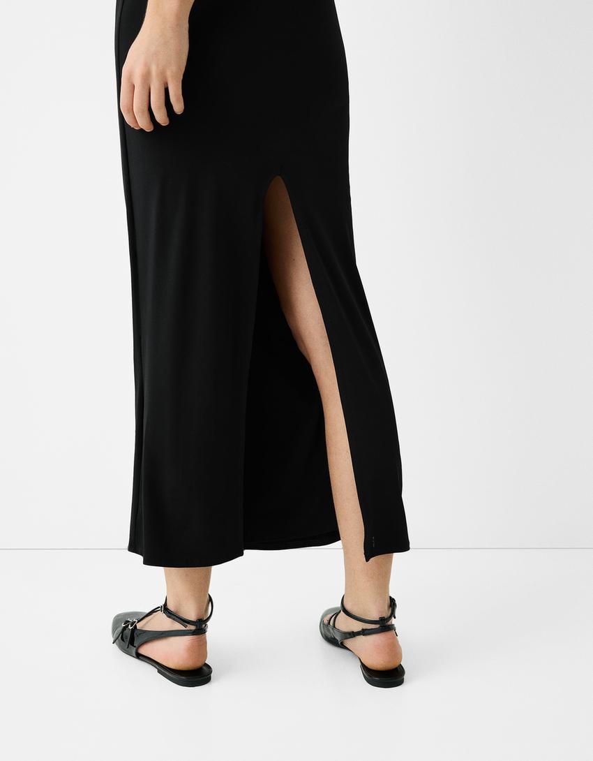 Drape detaylı askılı uzun elbise-Siyah-6