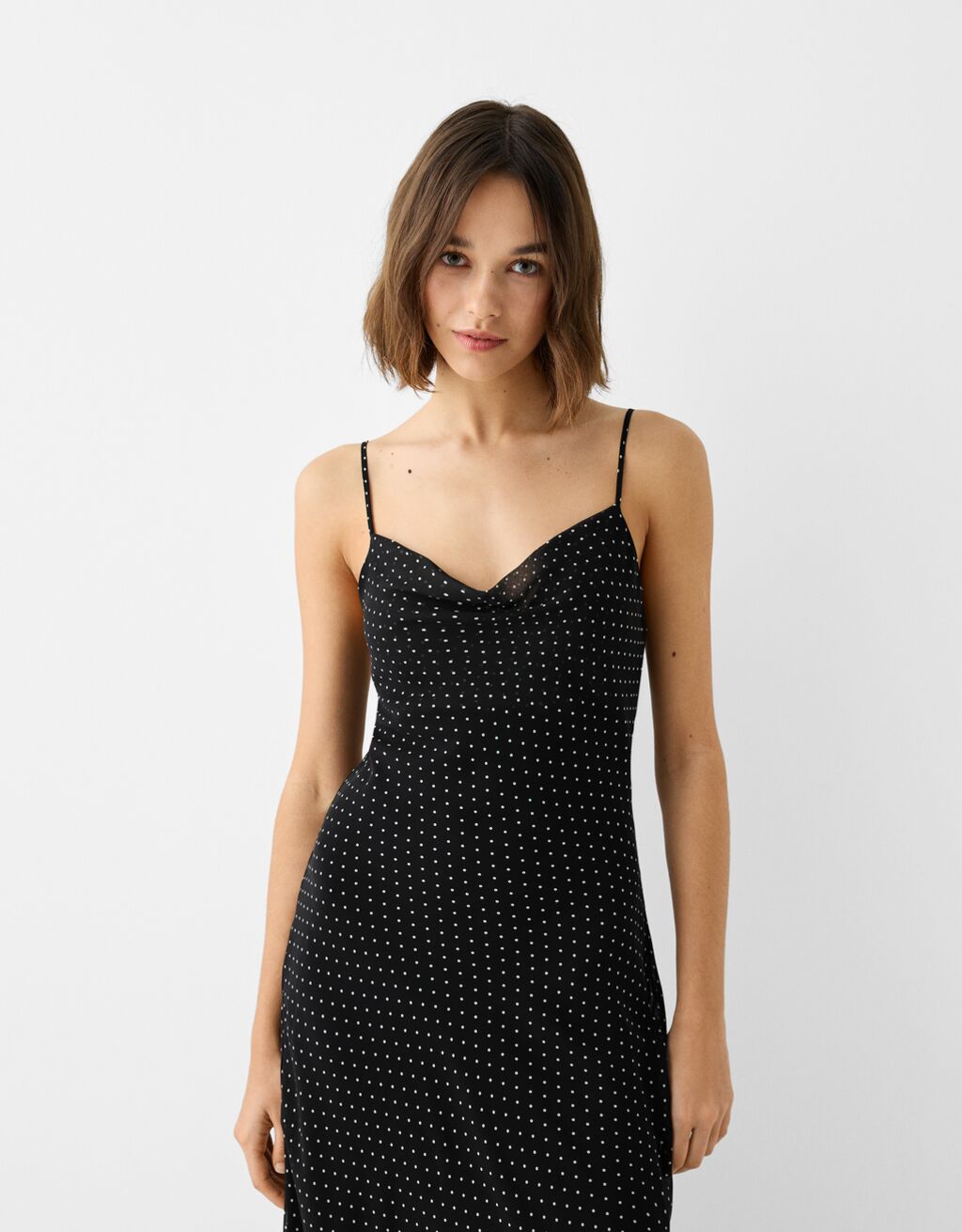 Long polka dot chiffon dress with straps-Black-1