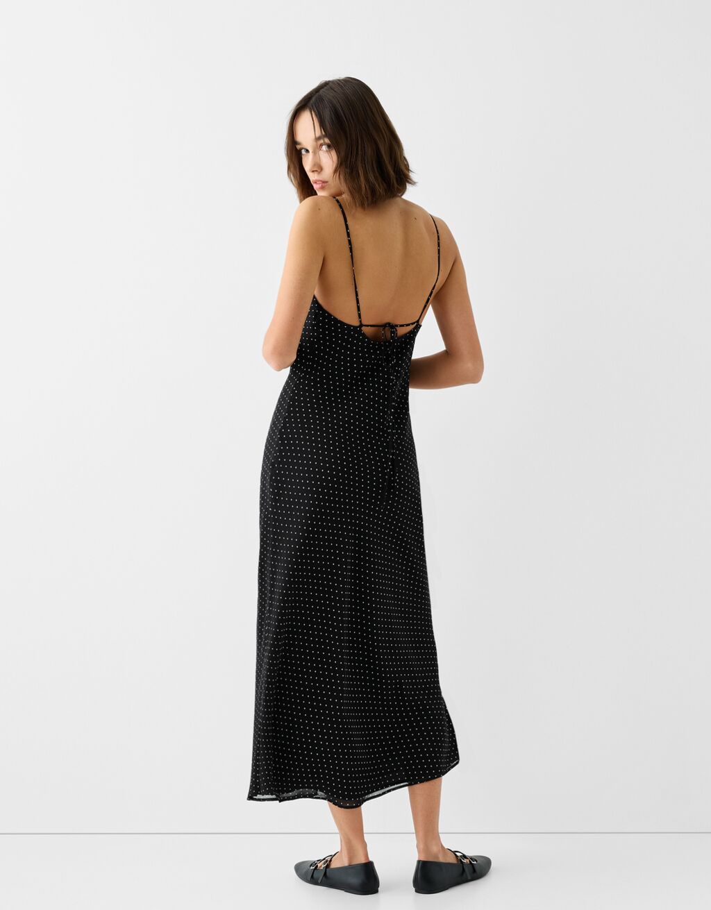 Long polka dot chiffon dress with straps-Black-2
