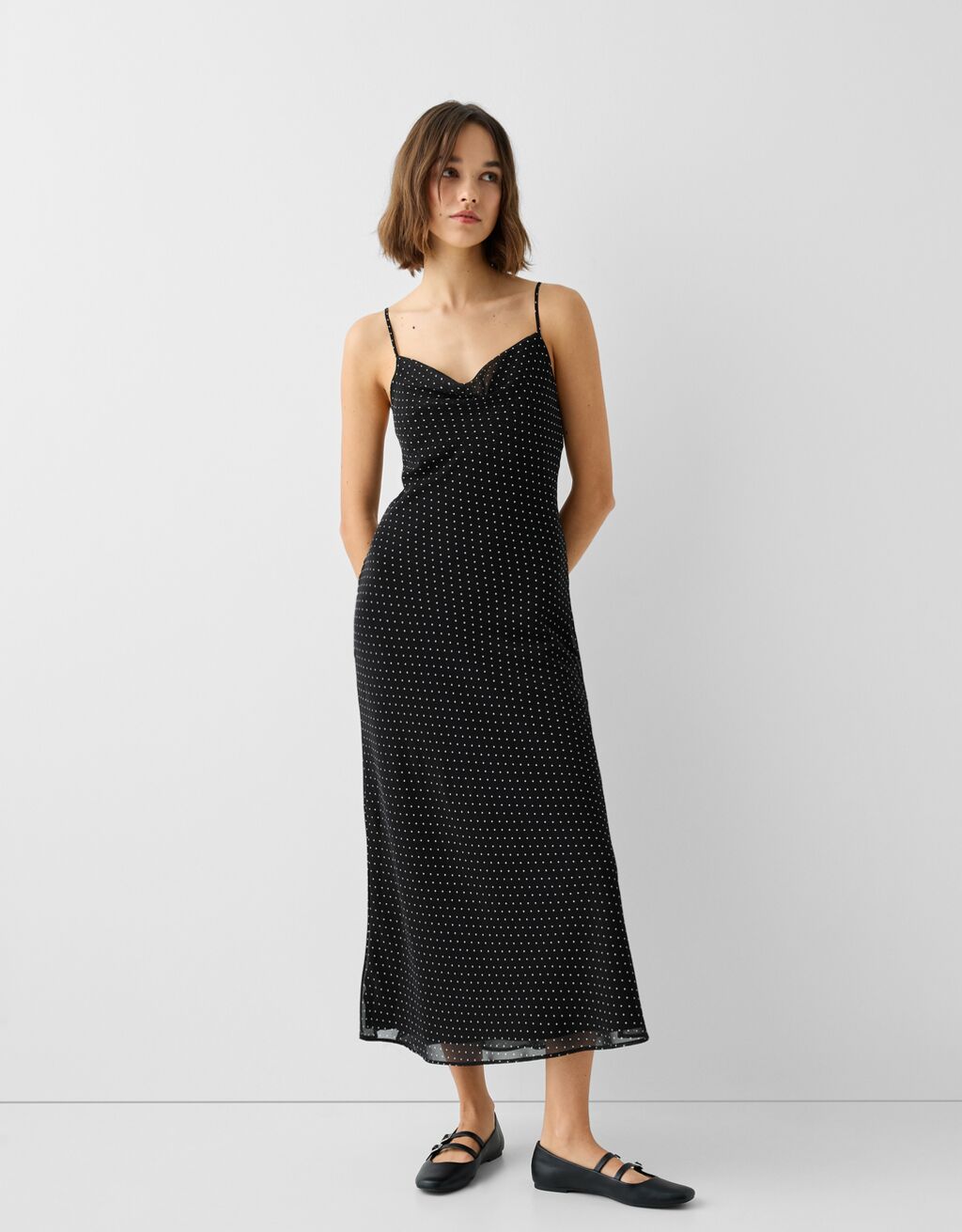 Long polka dot chiffon dress with straps-Black-0
