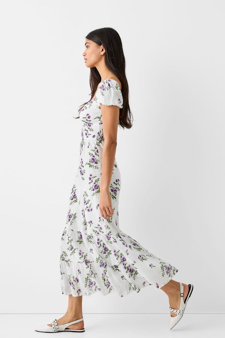 Textured floral print short sleeve midi dress