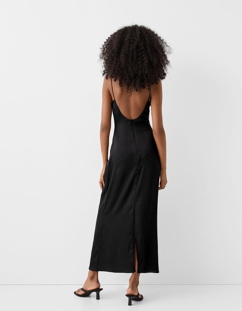 Strappy midi dress with gathered front-Black-2