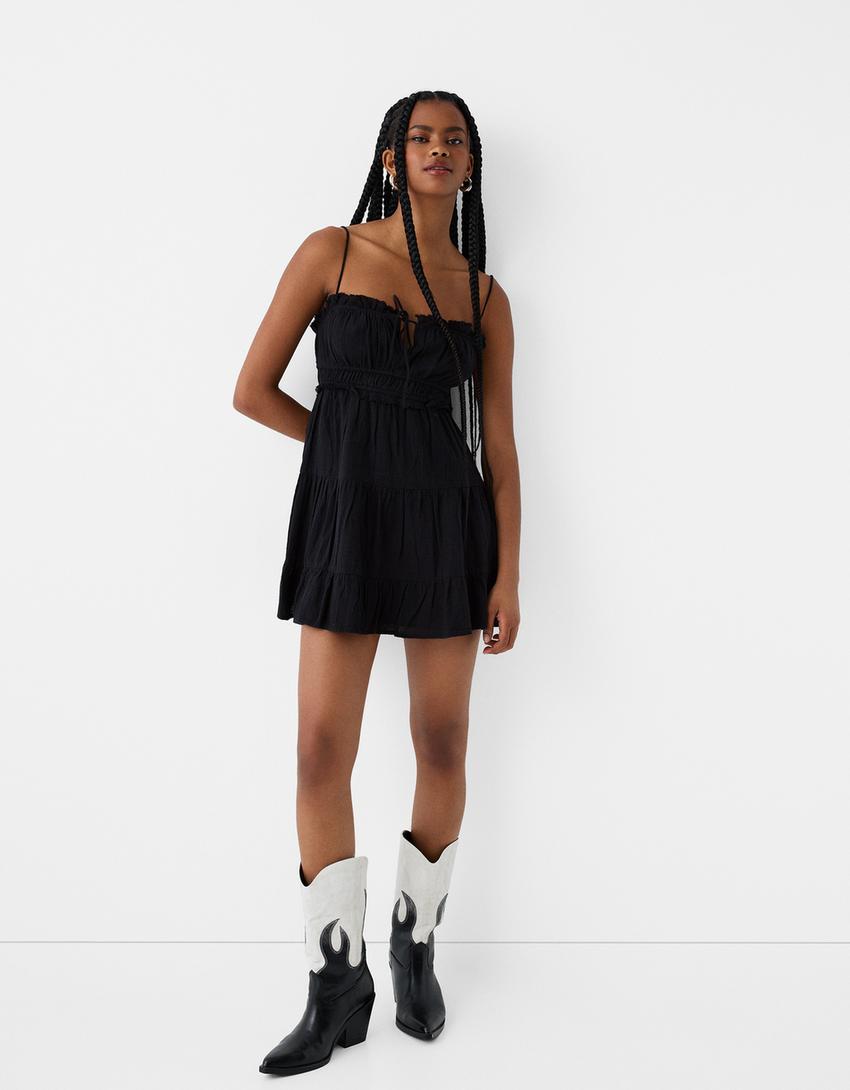 Vestido mini rústico folhos-Preto-3